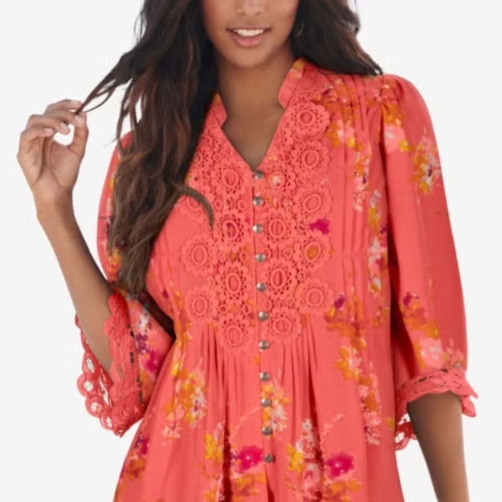 Roaman's Juliet Lace Trim Button-Down Sunset Coral Blouse- NWT